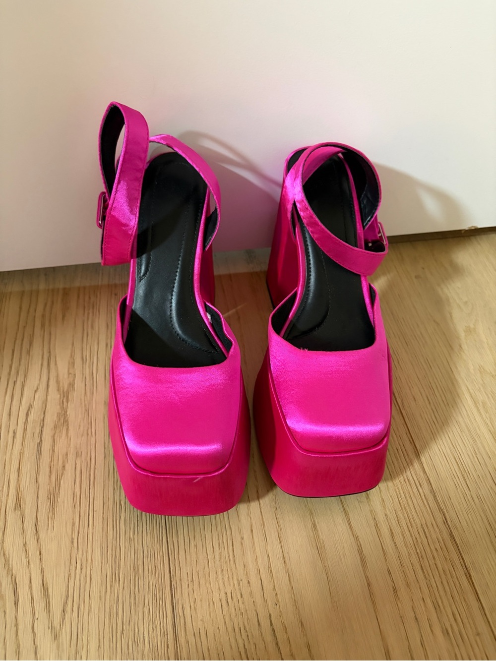 Bershka Vibrant Pink Satin Platform Heels with Ankle Strap